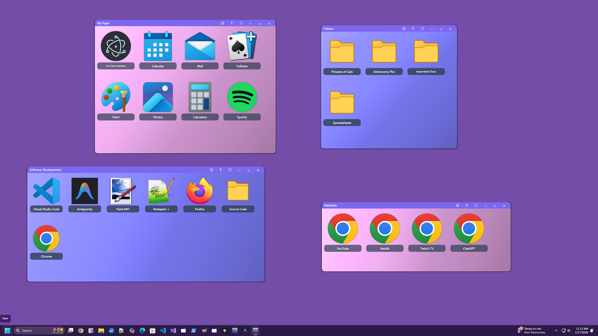 TaskScapes screenshot showing a workflow TaskScape for work with grouped icons and folders