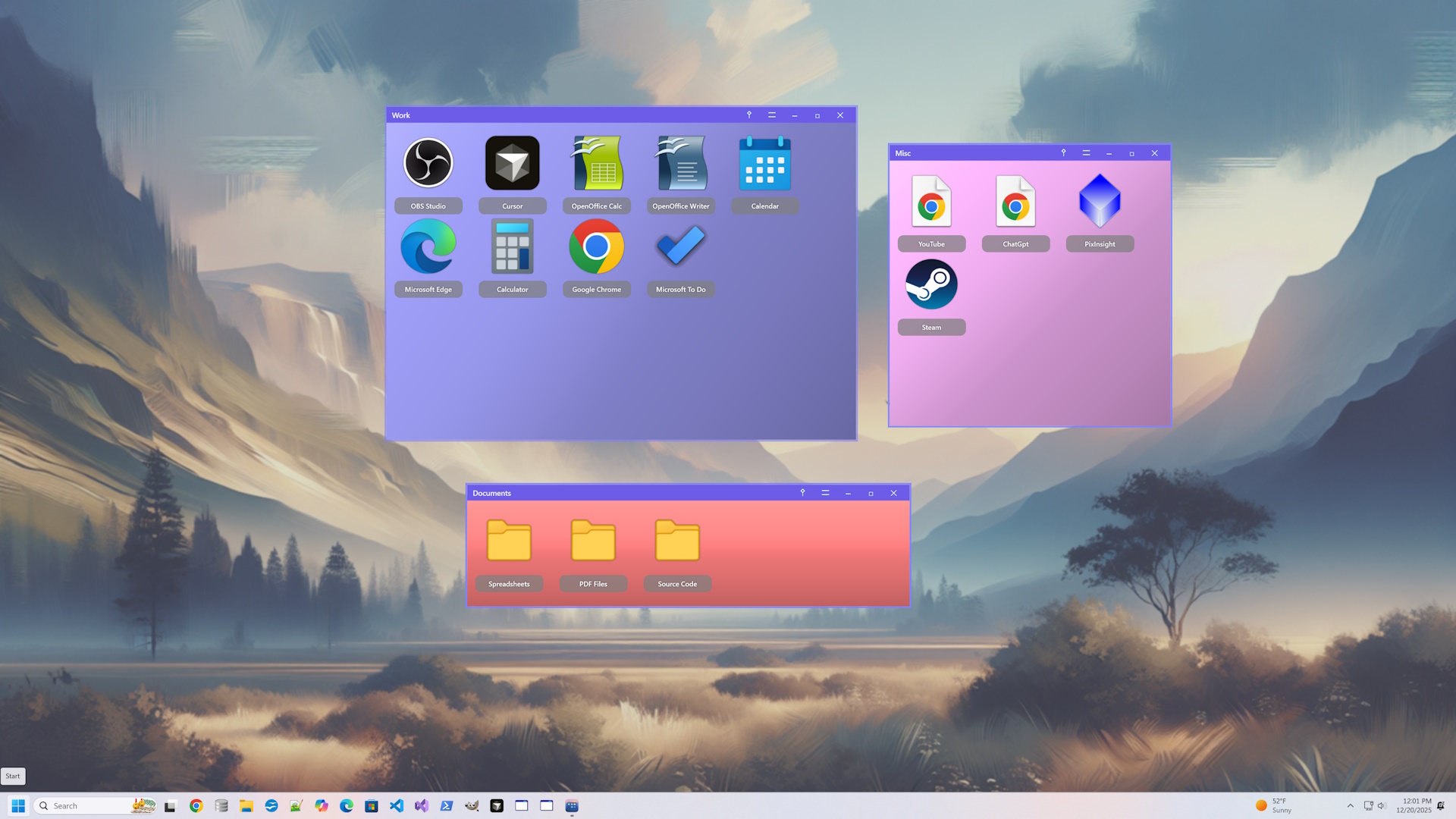TaskScapes screenshot showing a workflow TaskScape for work with grouped icons and folders